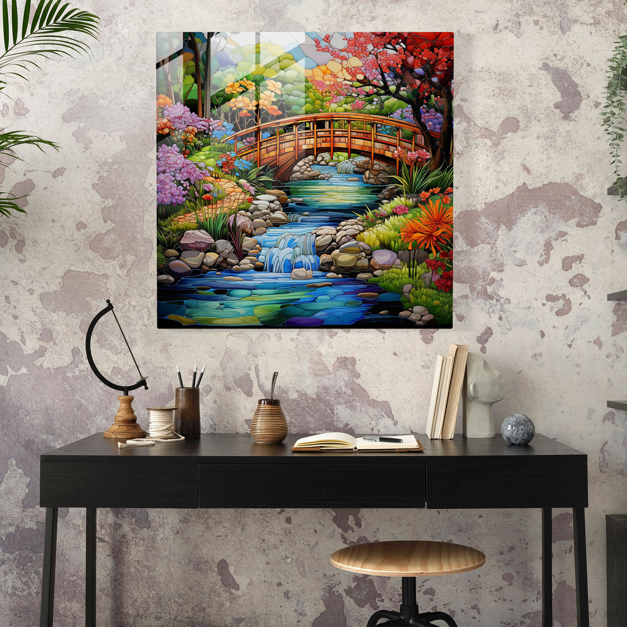Zen Garden Glass Print - Zen, Peaceful Garden, Flowing Stream, Wooden Bridge