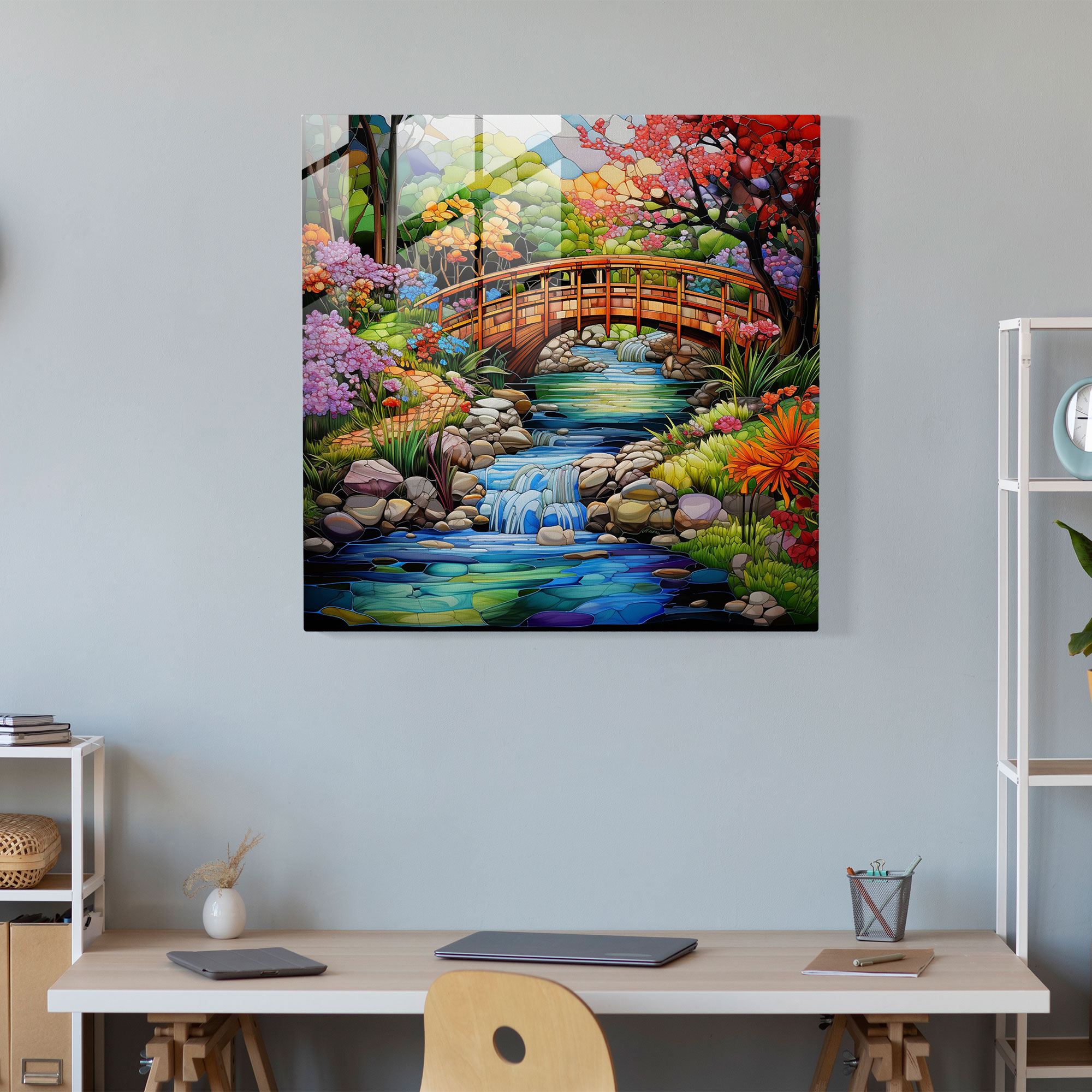 Zen Garden Glass Print - Zen, Peaceful Garden, Flowing Stream, Wooden Bridge
