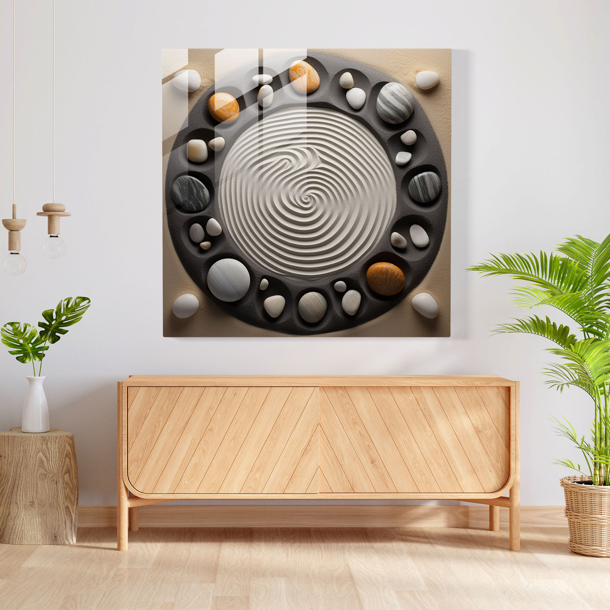 Zen Taş Bahçesi Cam Tablo - Zen Kum Üzerine Taranmış Desenler Cam Duvar Sanatı Düşünce