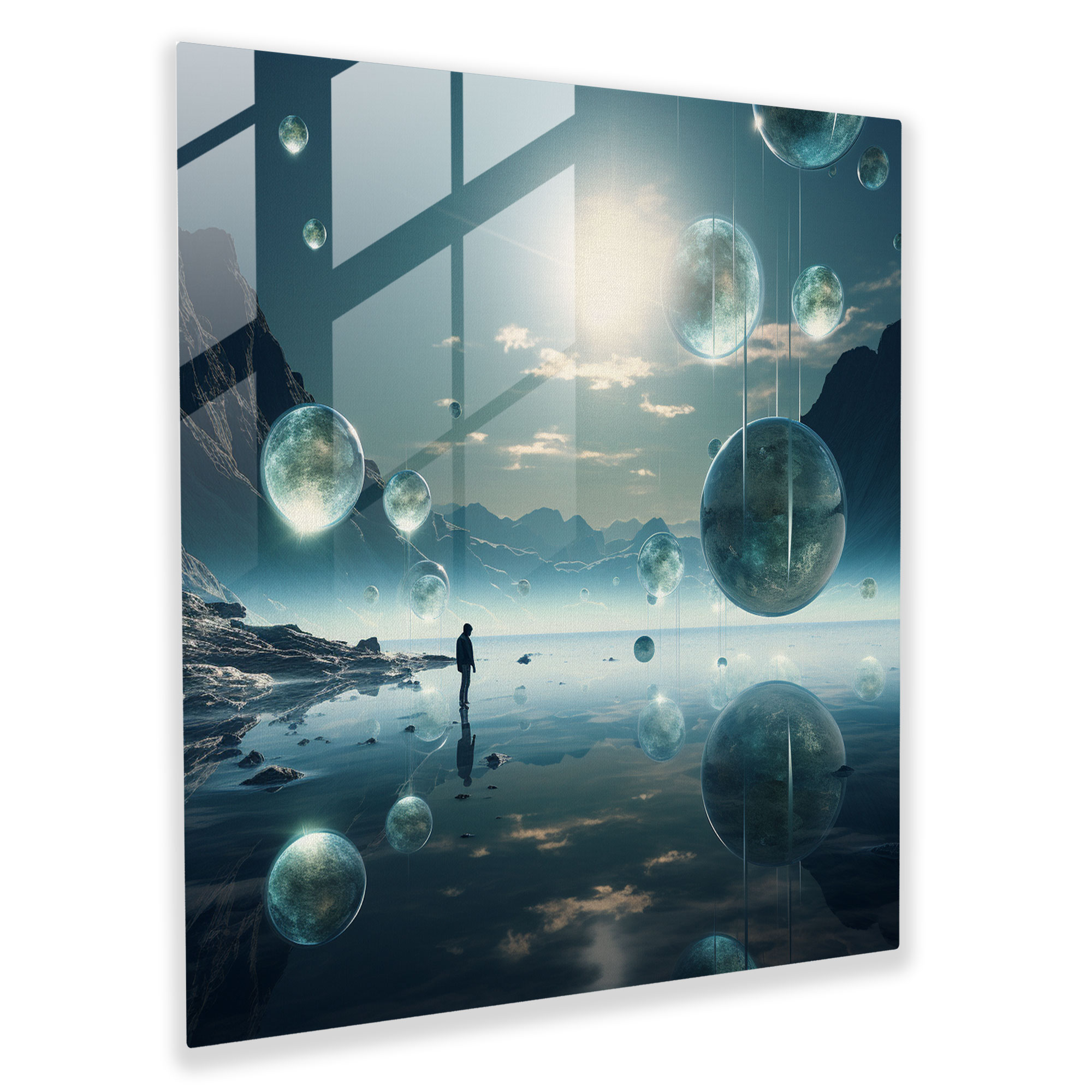 Zen Dreams Glass Print - Zen, Tranquil Celestial Landscape, Wall Decoration, Floating Orbs