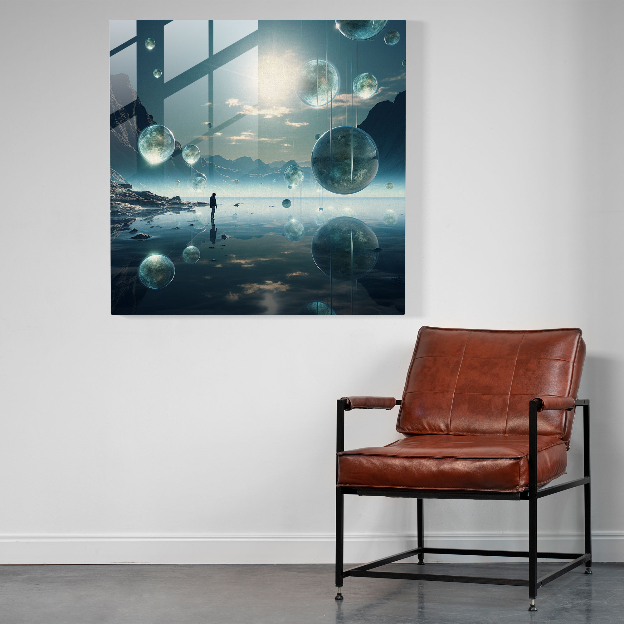 Zen Dreams Glass Print - Zen, Tranquil Celestial Landscape, Wall Decoration, Floating Orbs