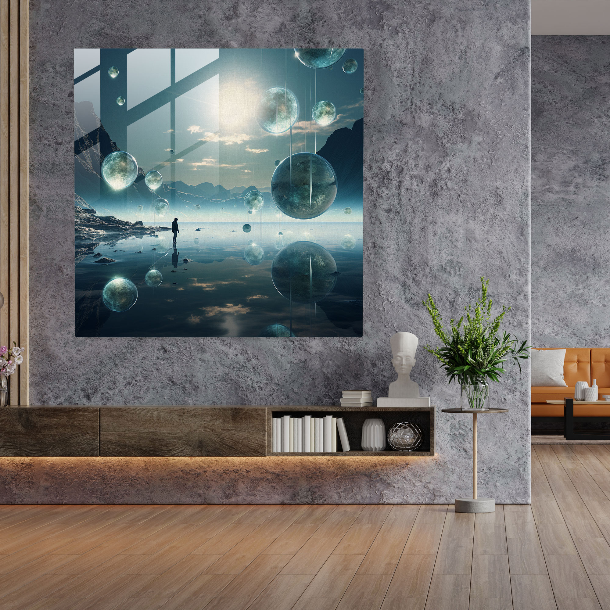 Zen Dreams Glass Print - Zen, Tranquil Celestial Landscape, Wall Decoration, Floating Orbs