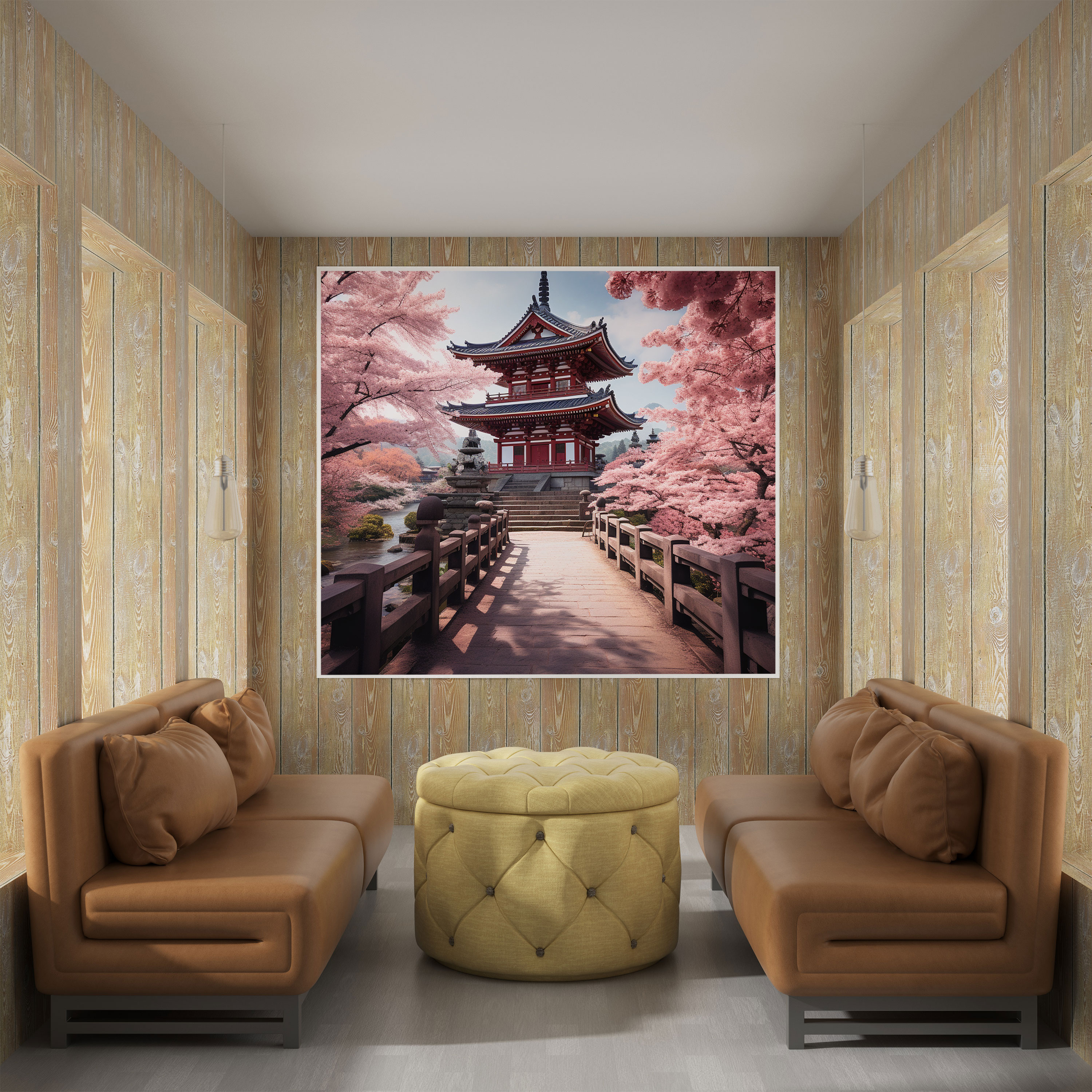 Zen Tapınağı Kiraz Çiçeği Kanvas Tablo - Zen Duvar Sanatı Kanvas