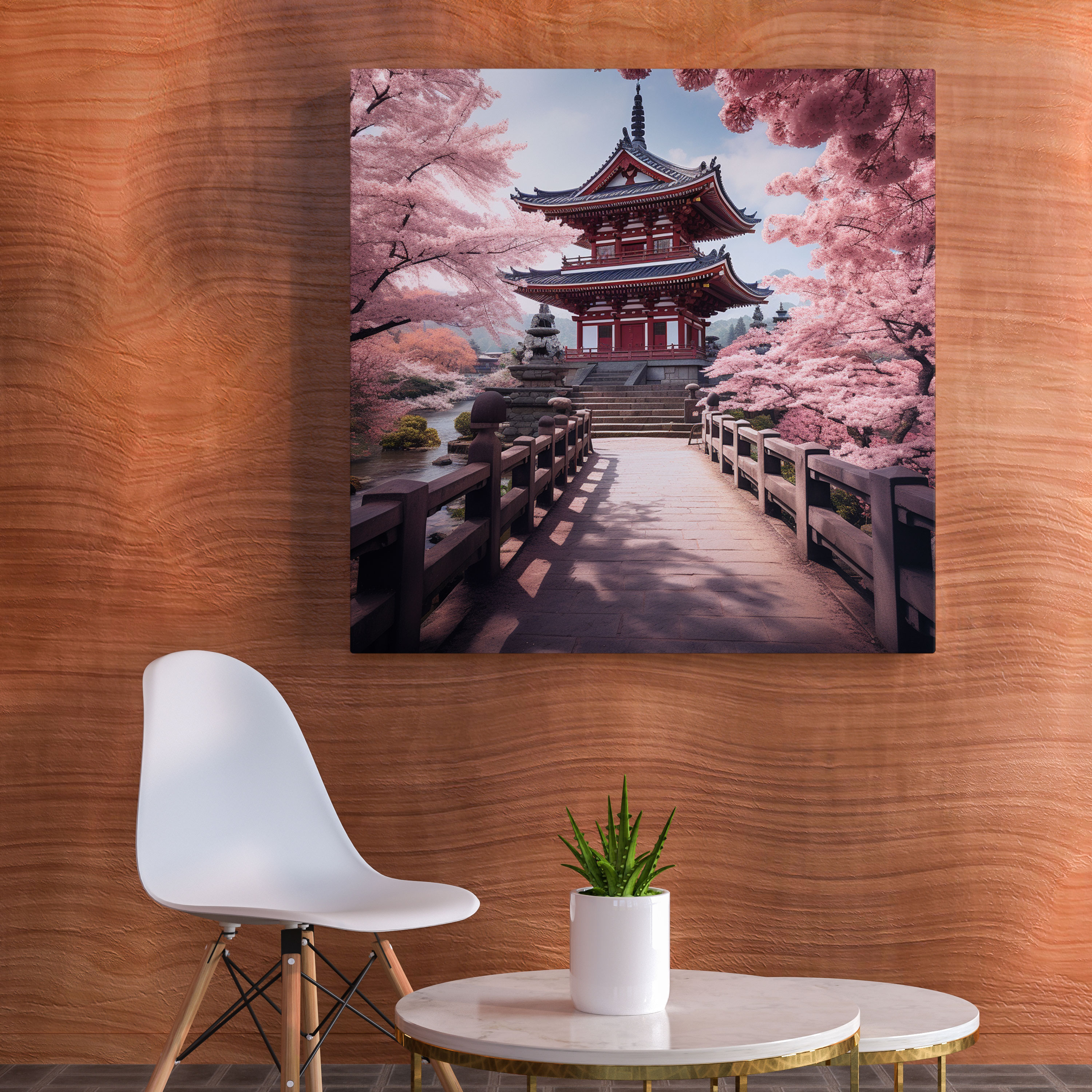 Zen Tapınağı Kiraz Çiçeği Kanvas Tablo - Zen Duvar Sanatı Kanvas