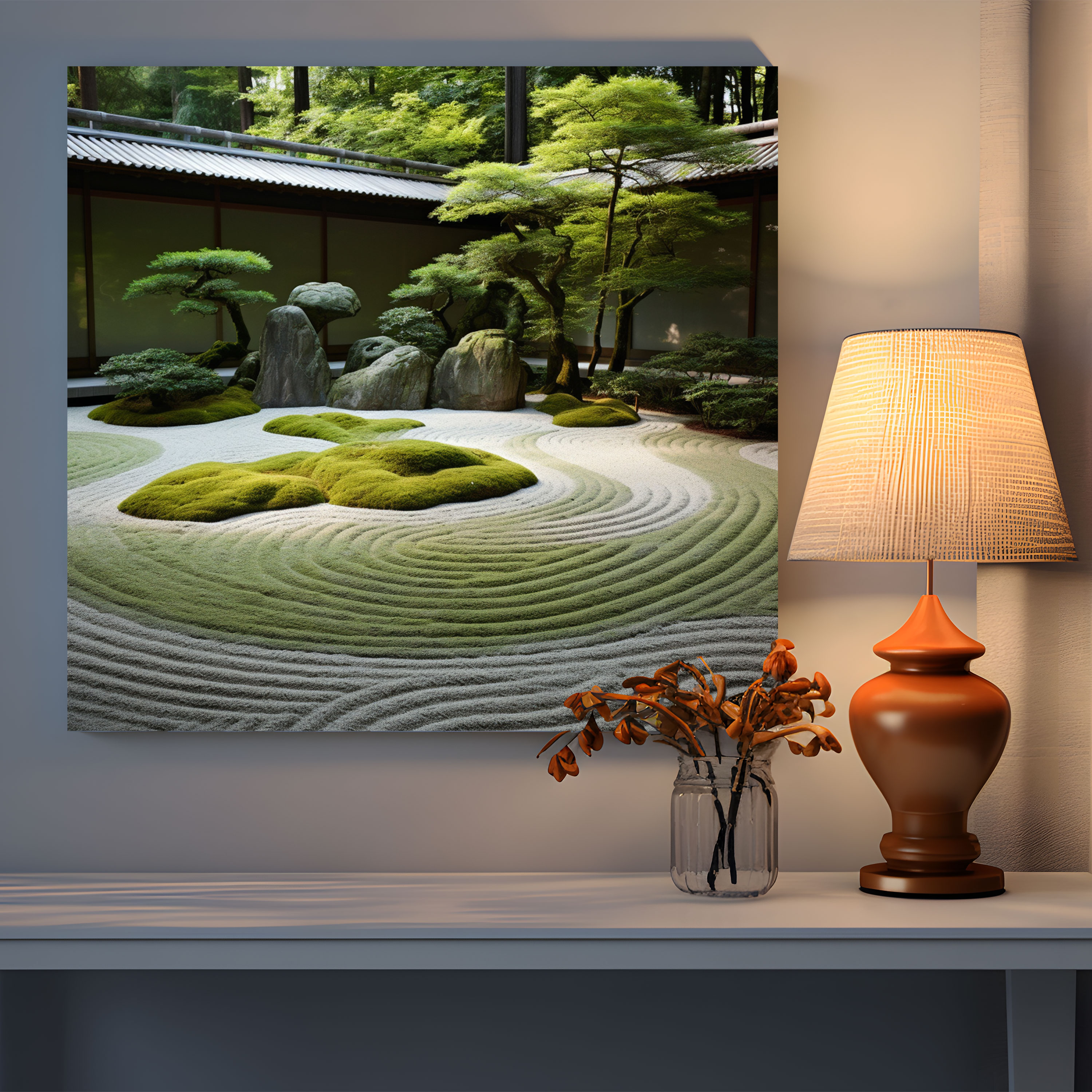 Zen Canvas Print - Tranquil Zen Garden With Meticulous Sand Pattern - Zen, Lush Green Moss, Wall Art, Zen