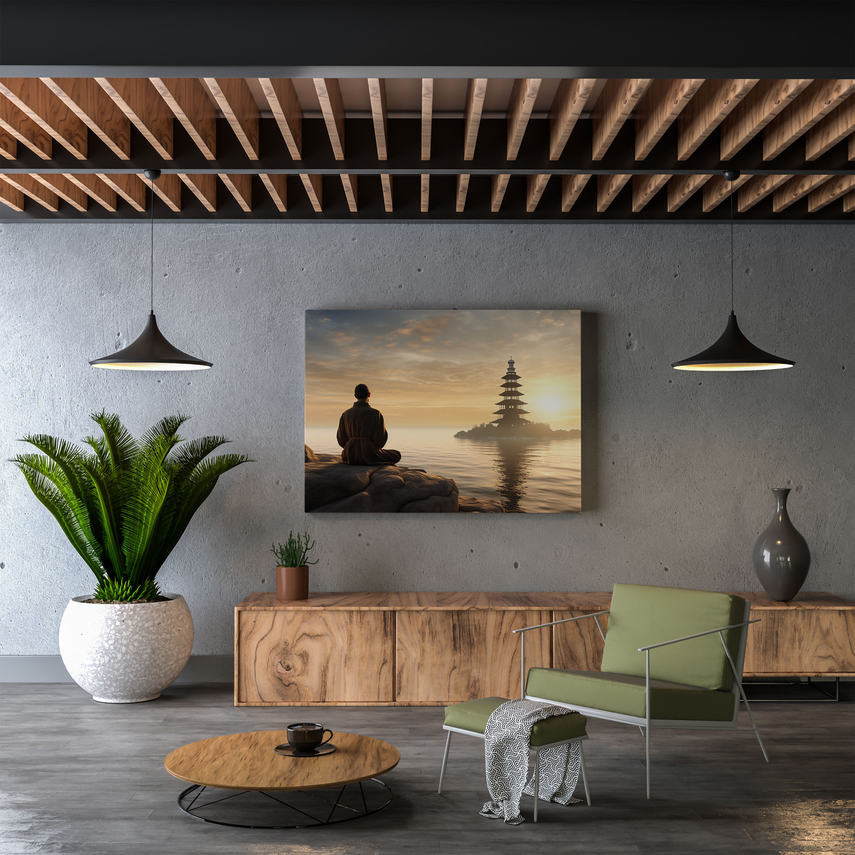 Meditasyon Feneri Duvar Sanatı - Zen Fener Sakin Deniz Kanvas Tablo