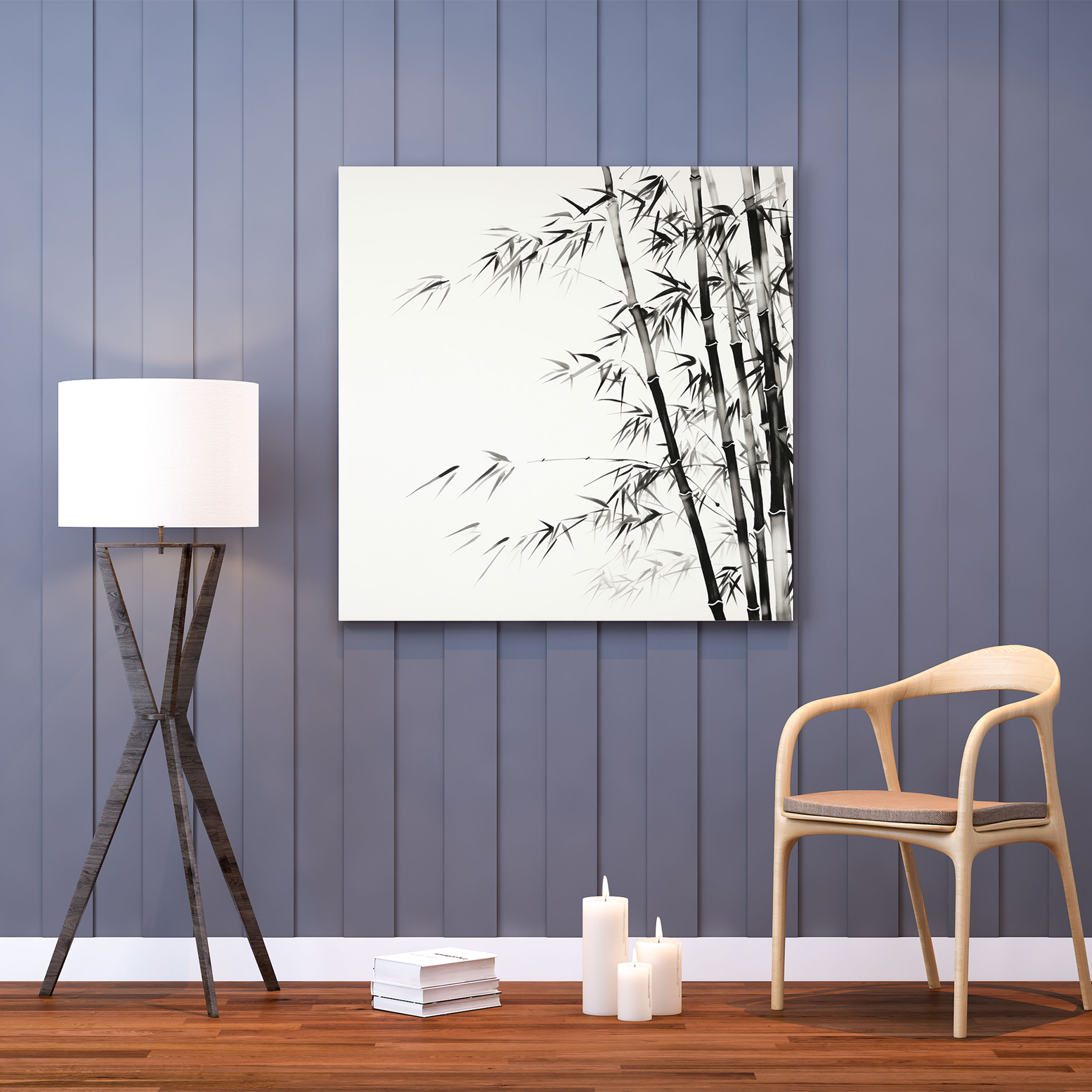 Zen Bambu Duvar Sanatı - Siyah Beyaz Minimalist Mürekkep Çizimi