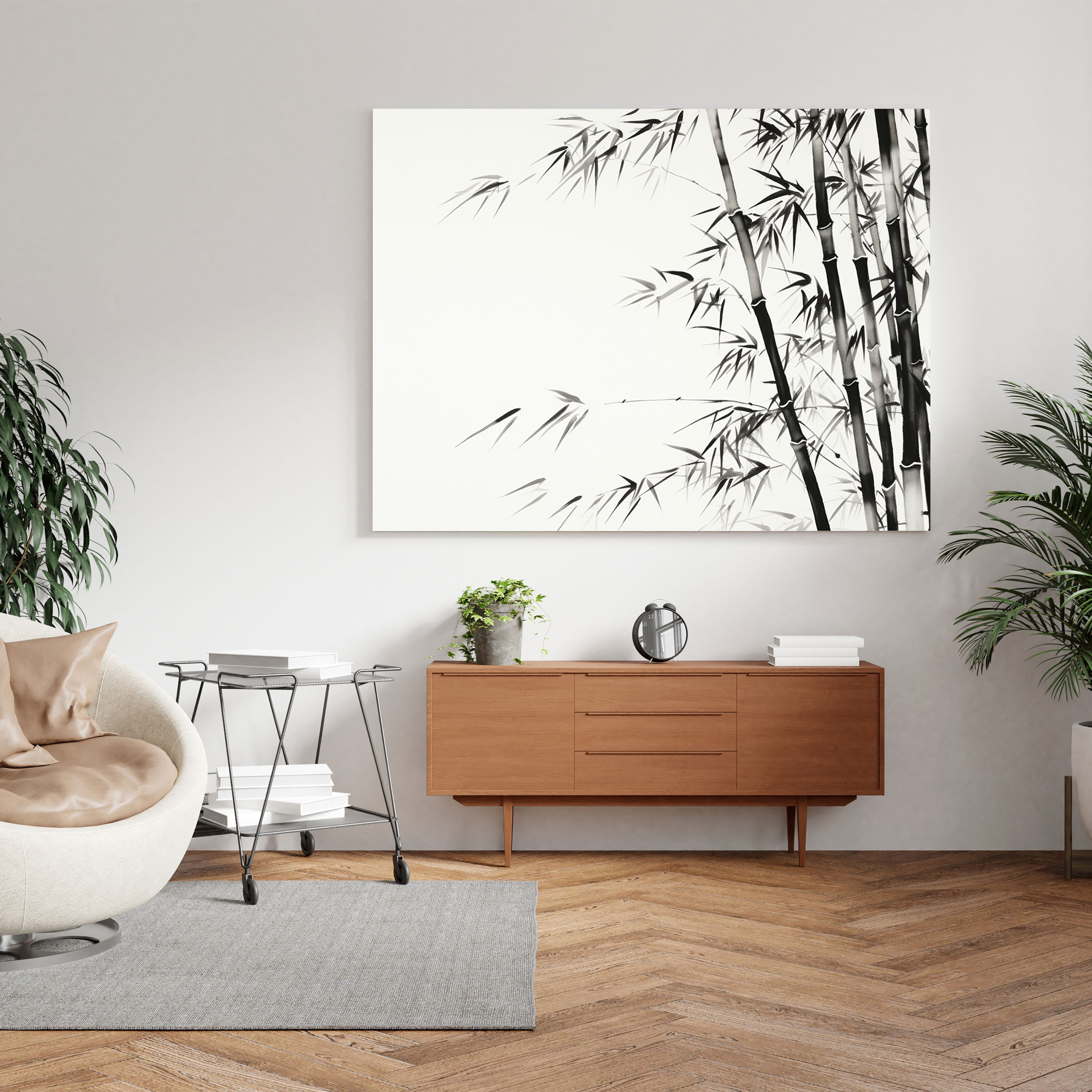Zen Bambu Duvar Sanatı - Siyah Beyaz Minimalist Mürekkep Çizimi